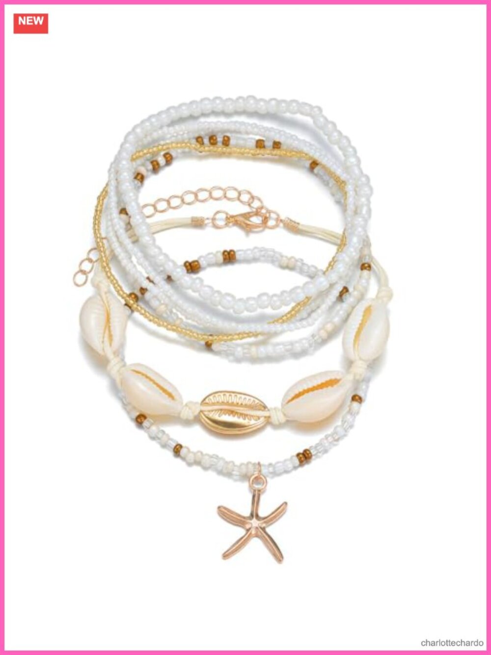 Boho Beach Anklet Set of 7 Shell Starfish Gold Plated Coastal Jewelry